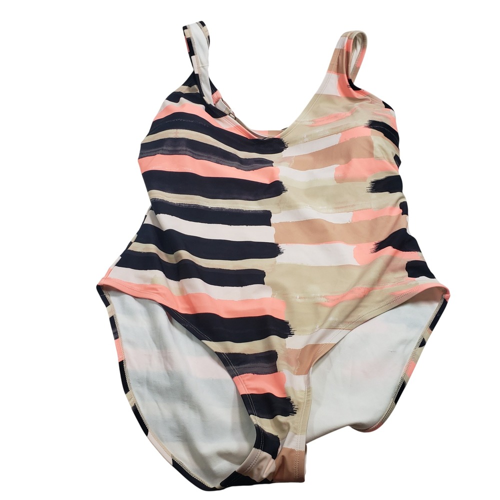 Mynah Women One Piece Swimsuit 20W Pink Black‎ Abstract Stripe